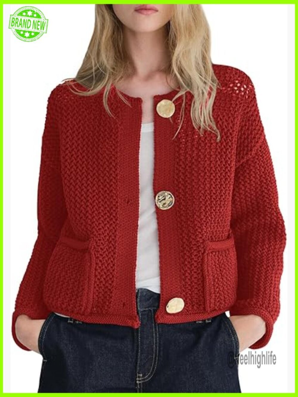 Chunky Cropped Cardigan Long Sleeve Open Front Button Down Loose Fit with